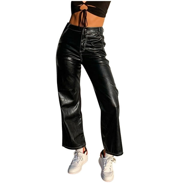 Plus Size Pants for Women Faux Leather Solid Color Pockets High Waist  Straight Wide Leg Leggings Slim Fit Trousers Vintage Casual Pants 