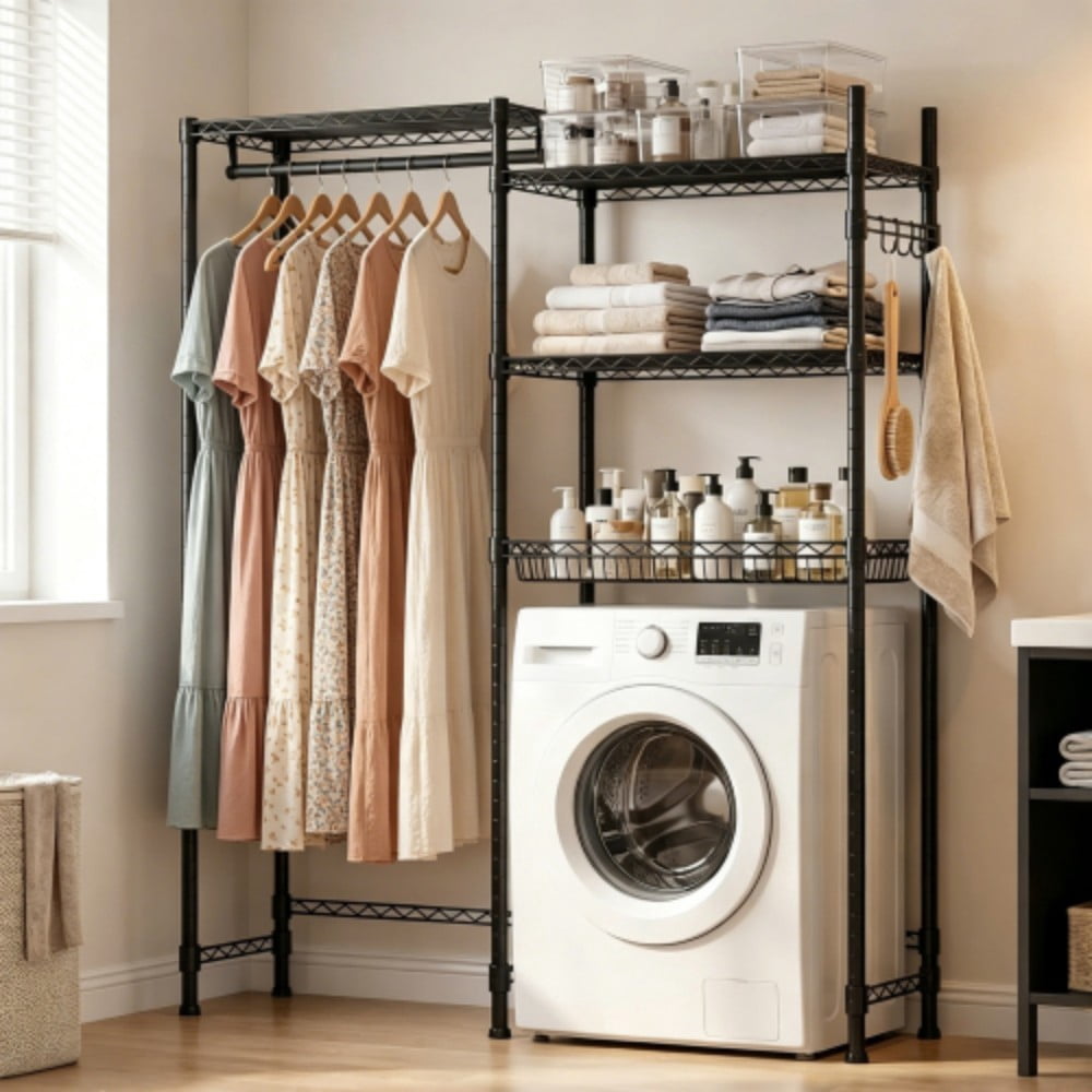 Over Washer and Dryer Storage Rack, 4-Tier Laundry Room Organizer with 3 Wire Shelves, Hanging Rod, Metal Basket & Rotating Hooks, Adjustable Heavy Duty Shelving, Black
