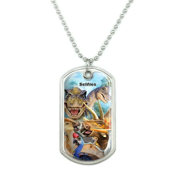 Dinosaur Jurassic Selfie T-Rex Triceratops Brontosaurus Pterodactyl Parasaurolophus Military Dog Tag Pendant Necklace with Chain