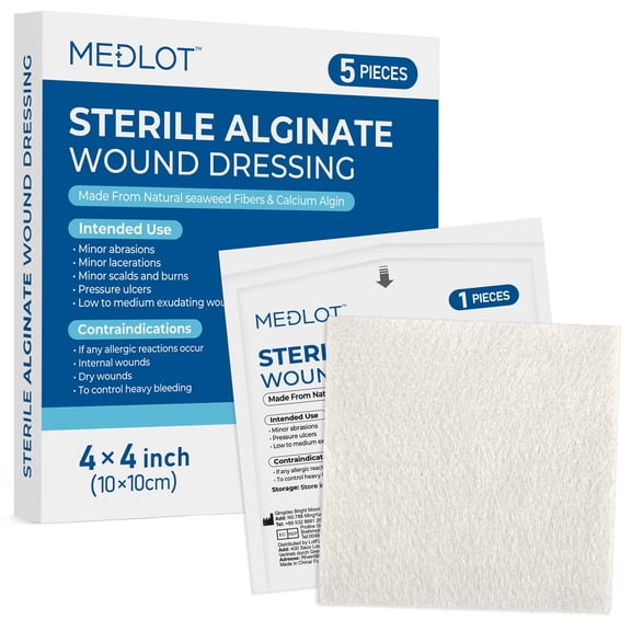 LotFancy Calcium Alginate Wound Dressing Pad, 4"x 4", 5 Pack, Super Absorbent Dressing,Non-Stick