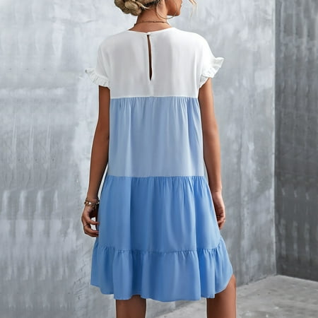 

OTVIAP One Piece Dress Contrast Color Splicing Dress Classic One Piece Dress with Ruffled Cuffs Machine Washable for Summer Girl Dress
