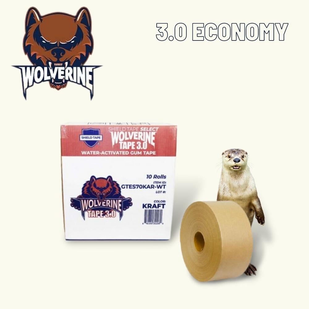 SSBM Wolverine 3.0 Kraft Paper Economy Grade Packing Tape, 8 Pack, 2.75" x 125 Yards, Water Activated Gummed Tape with Fiberglass Reinforced Strands