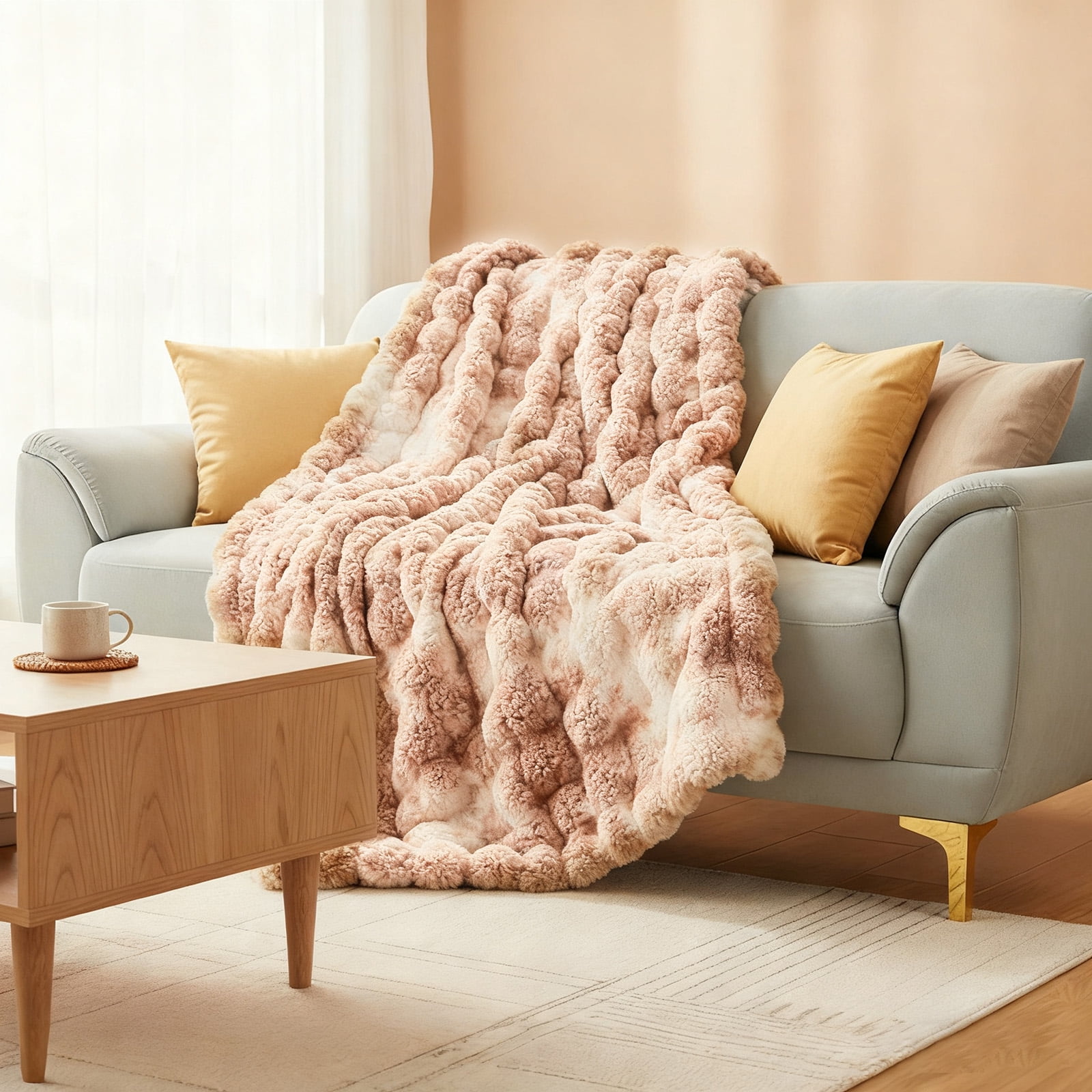 ShellKingdom Faux Fur Throw Blanket, Soft Plush Fluffy Thick Bubble Blanket for Couch Sofa Bedroom Living Room, 50" x 60", Tie Dye Camel