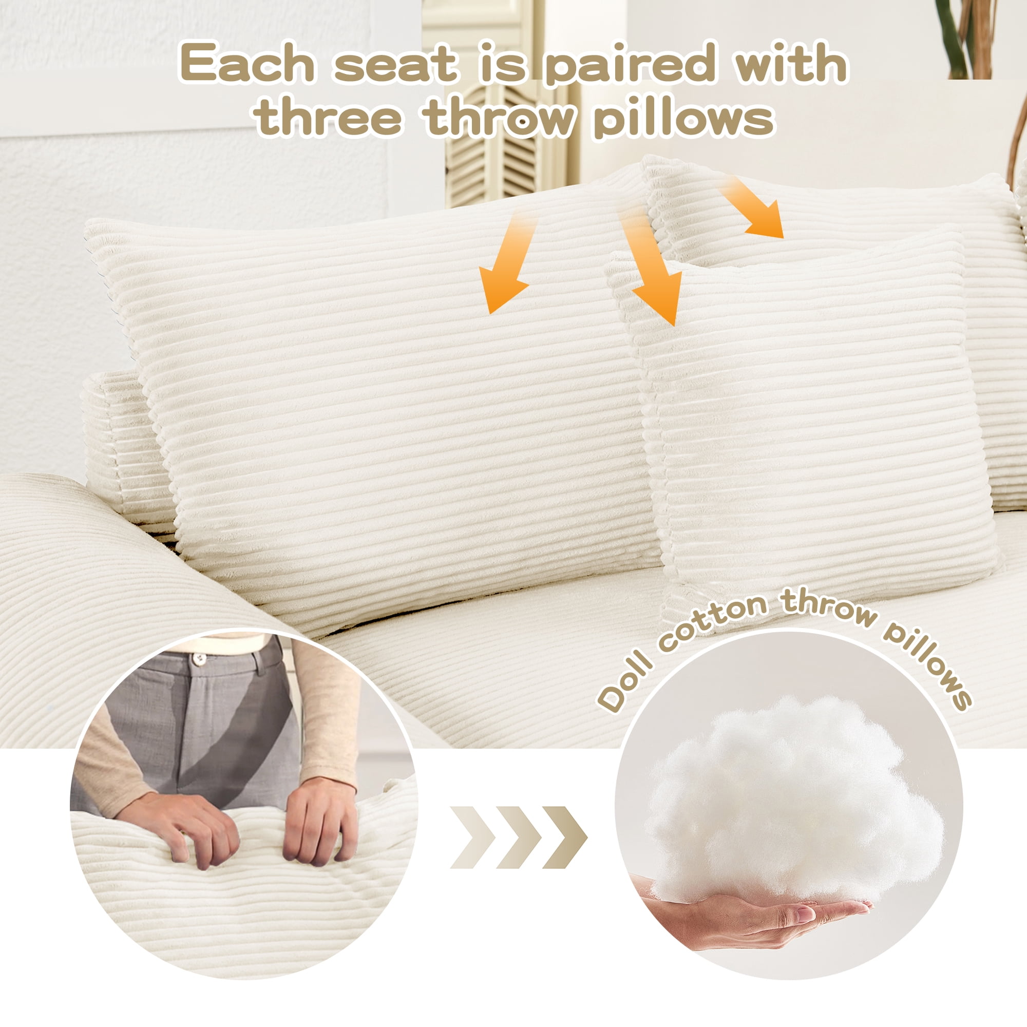 Anpport 130" Cloud Modular 3-Seater Beige Corduroy Sofa, Washable Removable Covers, Double-Layer Thick Cushions, Wide Armrest Small, Apartment