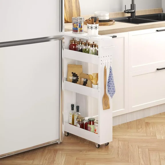 ShadeMart White Slim Storage Rolling Cart, 4-Tier Side Out Shelving Unit with Handle, Mobile Organizer Utility Cart on Wheels for Laundry, Bathroom, Office, Kitchen, Narrow Places