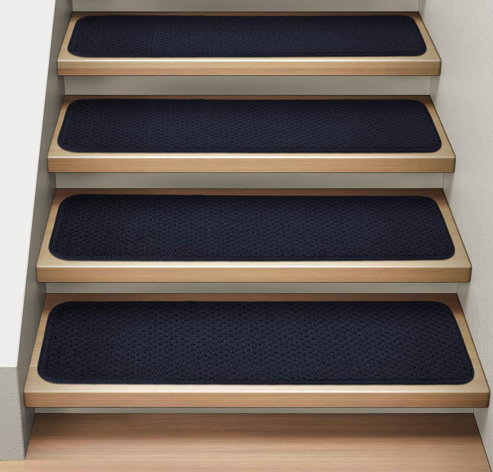 Set of 12 Attachable Indoor Carpet Stair Treads Navy Blue 9 In. X