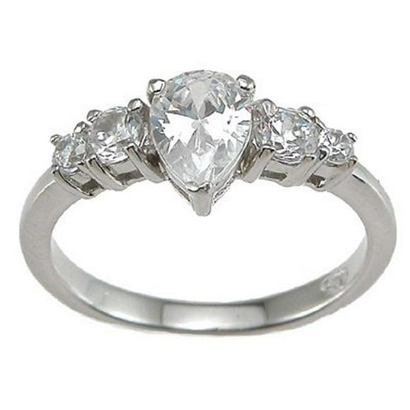 925 Sterling Silver Cubic Zirconium Pear Shape Prong Engagement Ring Rhodium Finish - Size 5