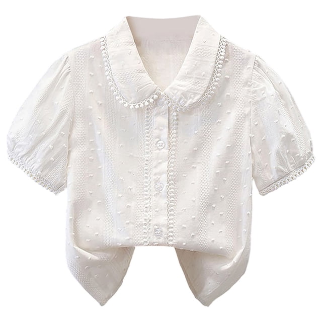 Odeerbi Camisa de Vestido de Algodón de Las Niñas Flor Bordado de Manga Corta Uniforme de La Escuela Con Bolsillo