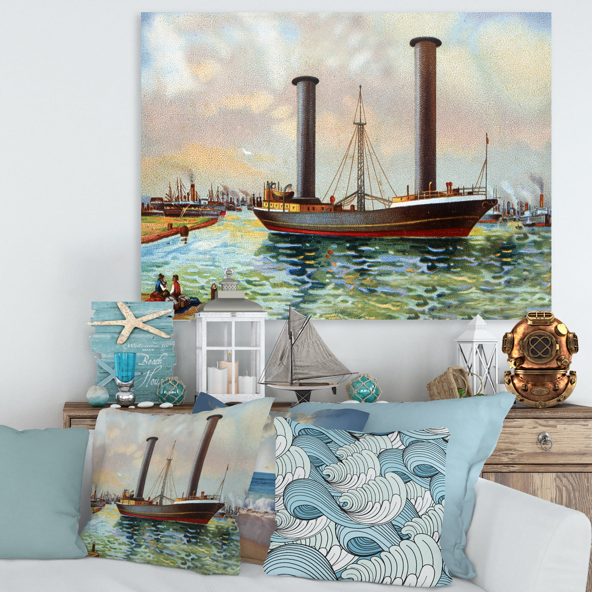 Designart ' The Ancient Boat Leaving The Harbor ' Nautical & Coastal Canvas Wall Art Print