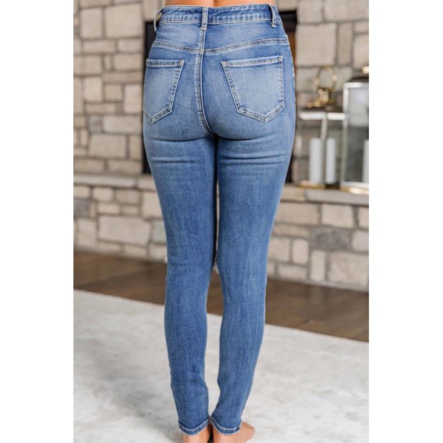 ABPHQTO Jeans ajustados de cintura alta con rayas azules y estrellas para mujer