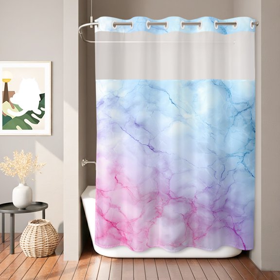 Blue Purple Pink Shower Curtain, Marble Texture Fantasy Gradient Abstract Waterproof No Hooks Bath Shower Curtain with See Through Top Window for Bathroom Bathtub 72x84in