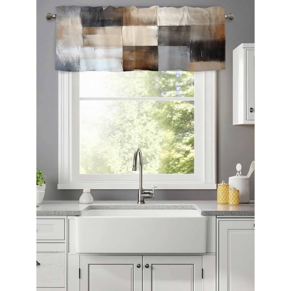 Retro Geometric Patchwork Valances for Windows,Kitchen Valance Rod Pocket Short Curtain,Khaki Brown Plaid Artwork Valance Curtain Window Valances for Bedroom Living Room 42x12in