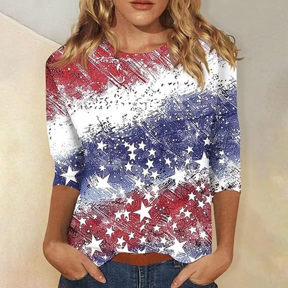 Trendfront Womens Glitter Print T-Shirt Crewneck 3/4 Sleeve Summer Tops 4th of July Independence Day Shiny Casual Fashion Tee