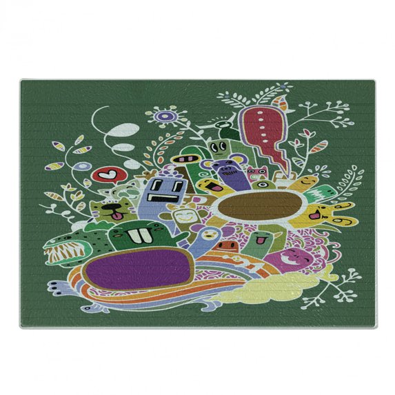Cartoon Cutting Board, Hand Drawn Doodle Monsters with Rainbow Flowers and Animals Pattern, Decorative Tempered Glass Cutting and Serving Board, Small Size, Multicolor, by Ambesonne
