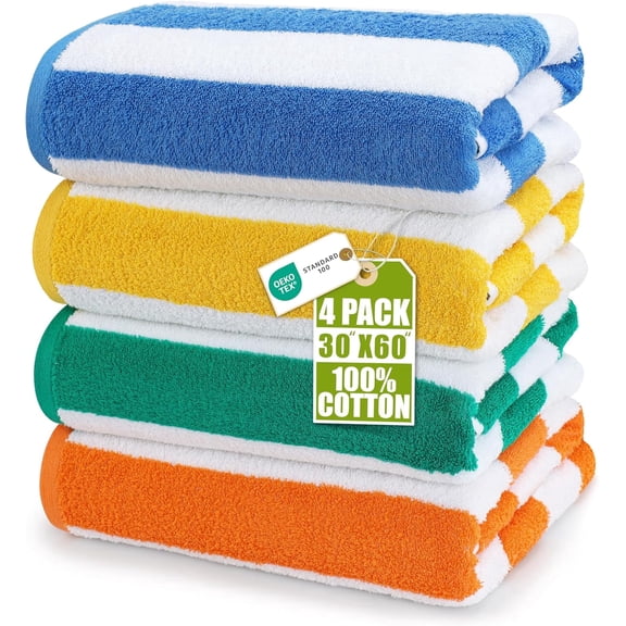 Utopia Towels Pack of 4 Cabana Beach Towels, Oversized 30 x 60 Inches Cotton Beach Towel Set, Smooth Ring Spun Texture for Pool and Swim Days, Modern Striped Design Bath Towels