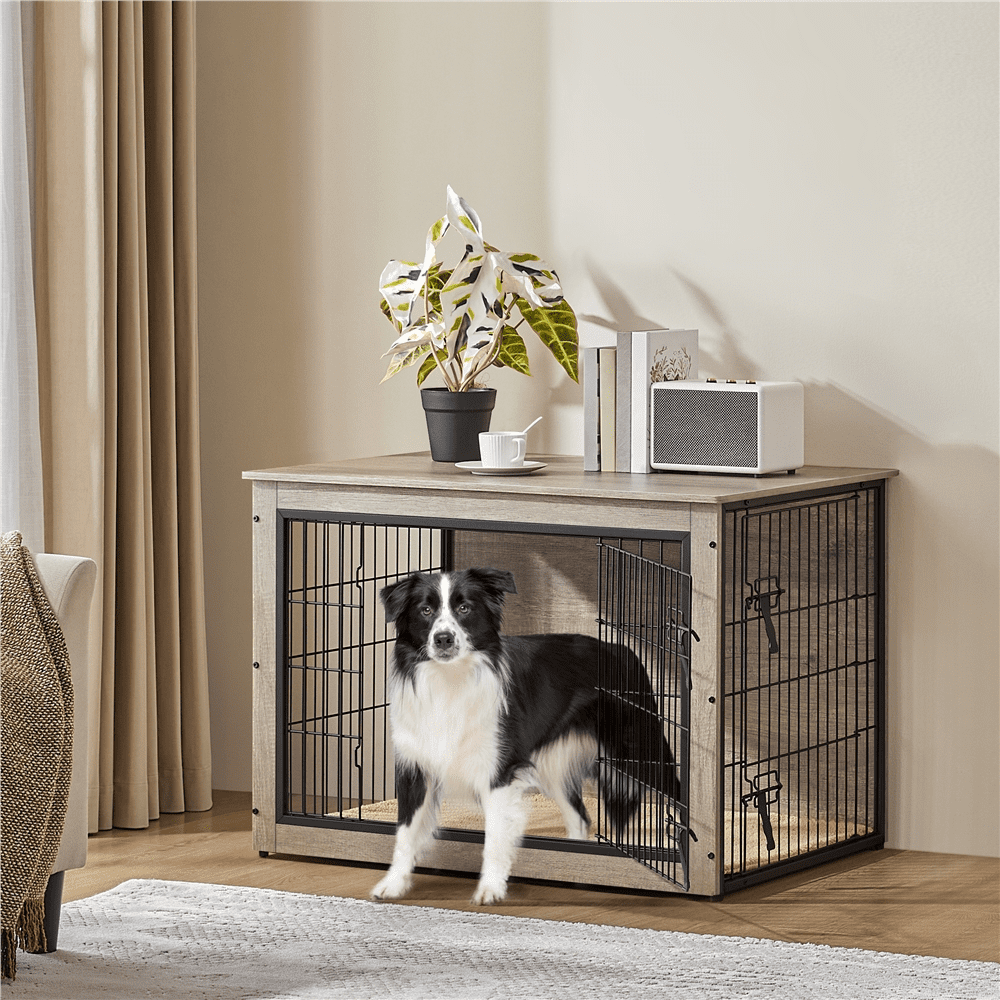 Renwick 38"W Industrial Dog Crate Furniture with Anti Skid Plush Mat, Gray