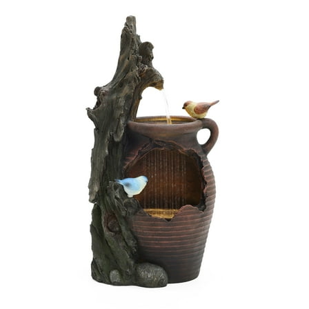 LuxenHome Rain Barrel with Tree and Birds 2.5-Feet Tall Outdoor Polyresin Fountains with Light