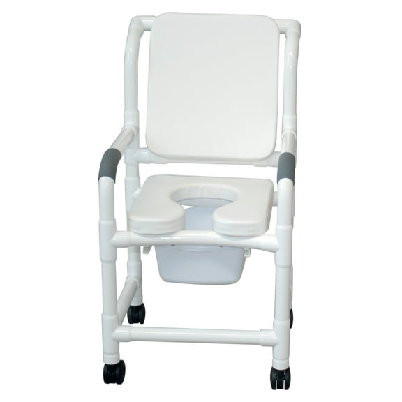 MJM International 118-3TW-SSDE-CBP-SQ-PAIL-WH Shower Chair 18" int width, 3" twin brake casters, White open front soft seat, White cushion padded backrest, square commode pail, 300 lbs wt cap