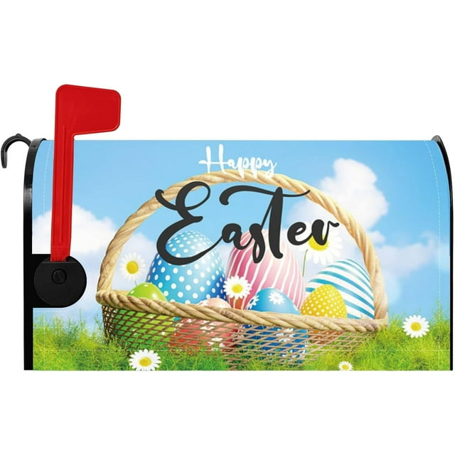 Happy Easter Mailbox Covers Colorful Easter Eggs Basket Spring Wild Flower Magnetic Mailbox Covers Standard Size 21x18 Inch Outdoor Easter Decor for Modern House Garden Yard Mail Box Wrap