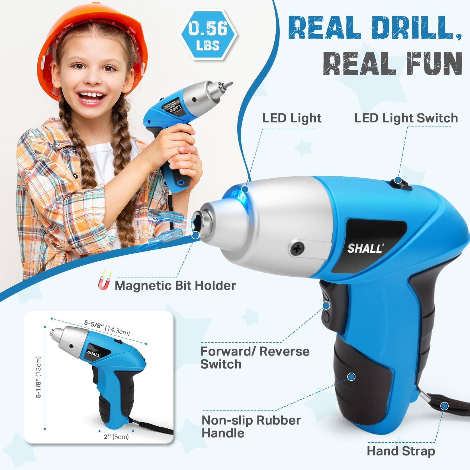 SHALL 47-Piece Kids Real Cordless Power Drill Set, Safety Certified Electric Screwdriver W/Screwdriver Drill Bits, Socket, Flexible Shaft, Carrying Case, DIY Construction Tool Kit for Children Age 8+