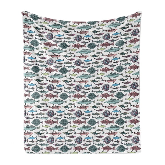 Fish Soft Flannel Fleece Throw Blanket, Hand-Drawn Fish Pattern with Various Types of Seafood for Cuisine Culture Theme, Cozy Plush for Indoor and Outdoor Use, 50" x 70", Multicolor, by Ambesonne