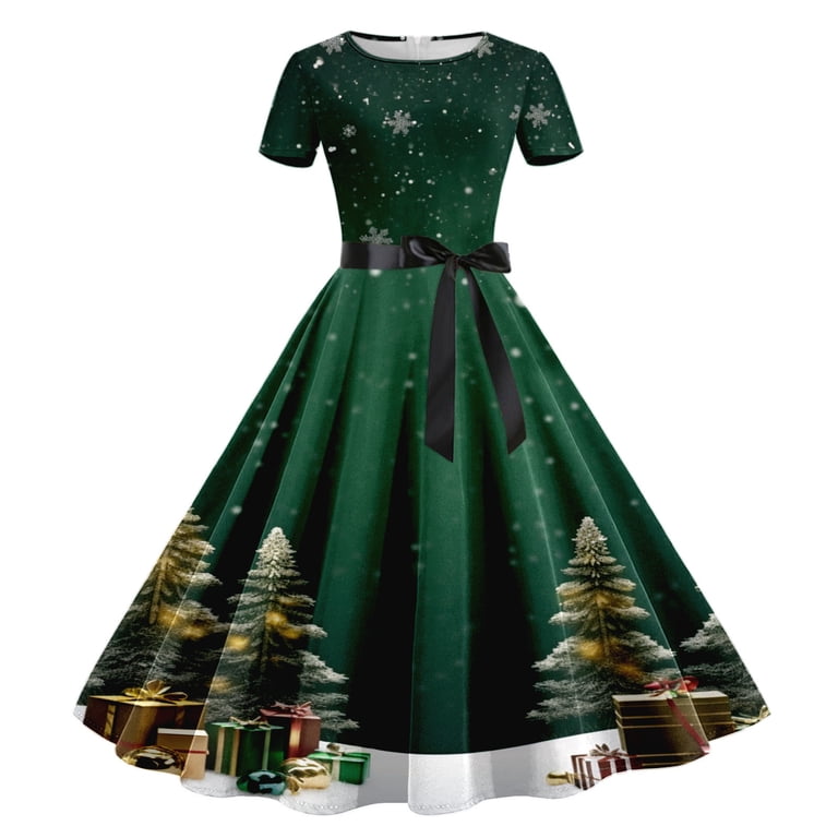 womens christmas swing dress [Plus Size] Red & Green 1950s Christmas Snowflake Swing Dress