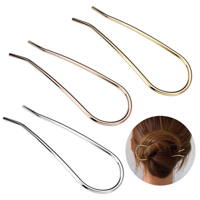 Horquilla para el cabello de metal simple, 11 cm, palillos para el cabello en forma de U, aleación chapada en oro, horquillas para moño de 2 puntas, clips para mujeres, accesorios para peinar el cabello grueso, paquete de 3, oro, oro rosa, plata JM