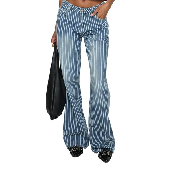 WIFORNT Women’s Wide Leg Flare Jeans Classic Stripes Print Low Rise Denim Pants Bell Bottoms