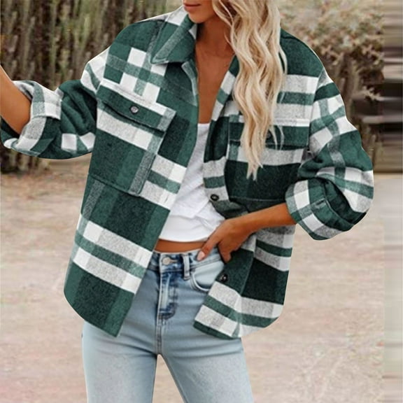 Womens Tops Plaid Button Pocket Checkered Shirt Jacket Top,Blouse for Women Green S