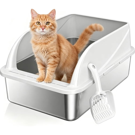 Stainless Steel High Sides Cat Litter Box with Scoop, Open Top Litter Pan for Indoor Cats, Easy to Clean, Reduced Litter Scatter, Medium