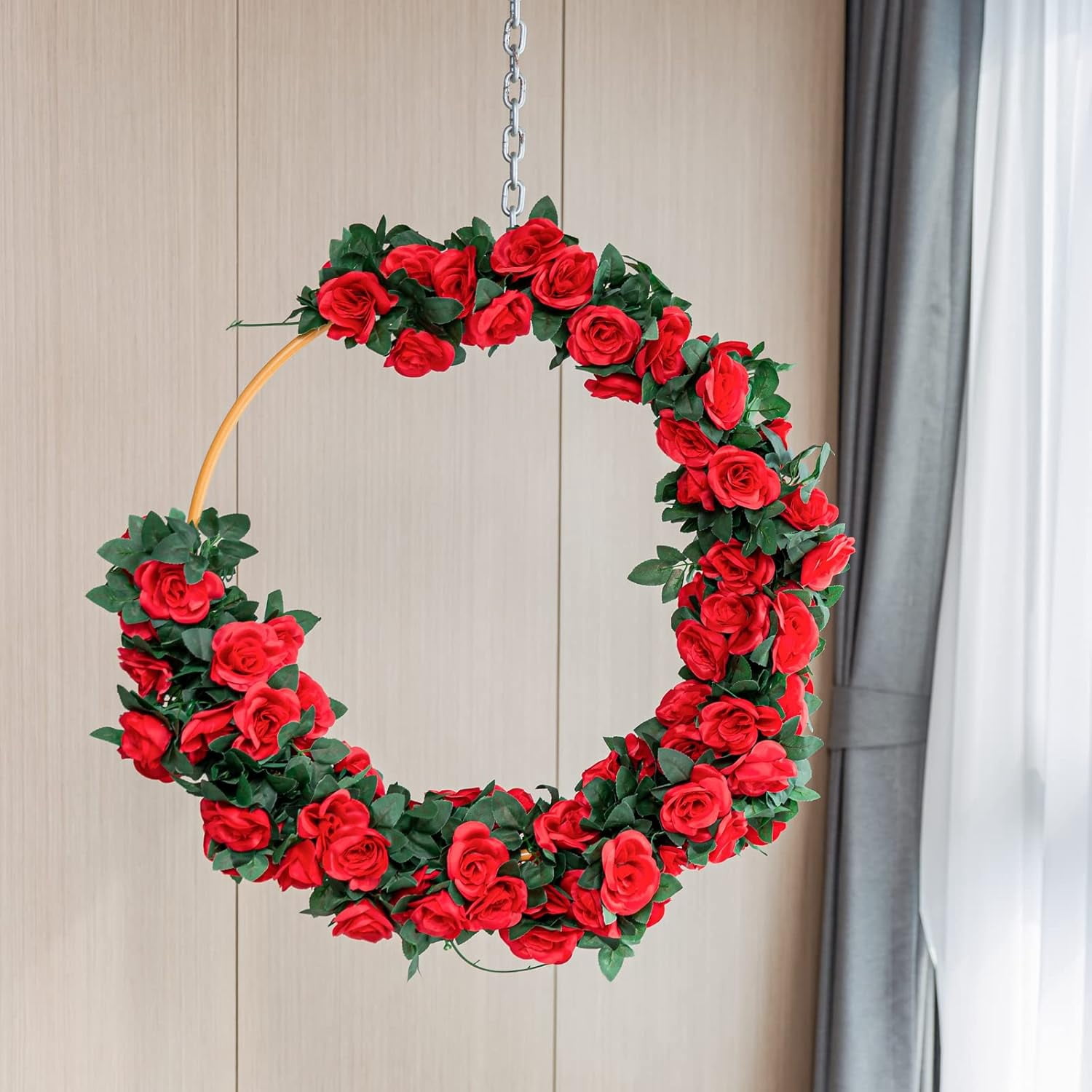 MORTTIC 4 Pack (30FT) Artificial Rose Vine Fake Flowers Garland Hanging Silk Rose Ivy Plants Vine for Mother's Day Wedding Arch Party Garden Wall Aesthetic Art Decor (Red)