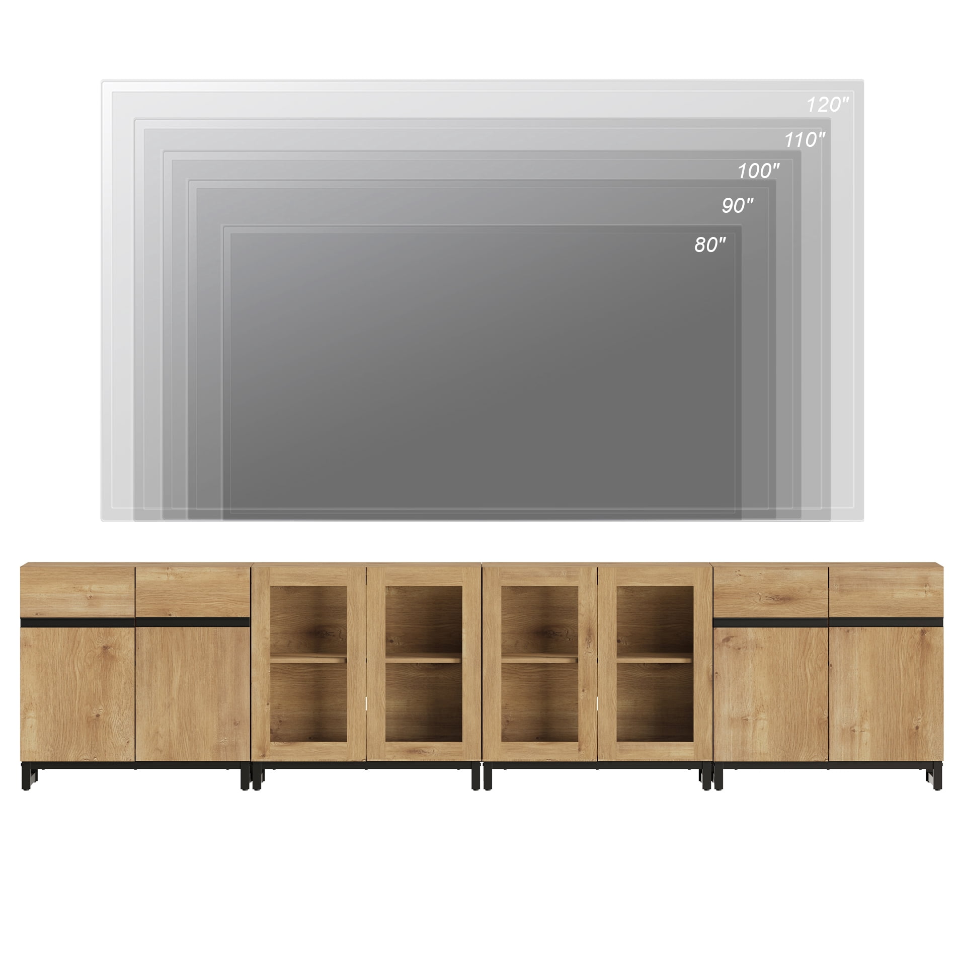4 In 1 TV Stand For Tvs Up To 120 Inches, Modern Entertainment Center With Glass Doors And Metal Legs, TV Console With Adjustable Shelf For Living Room, Bedroom,Oak