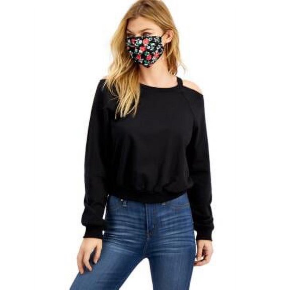 $34 Self Esteem Juniors Cold-Shoulder Sweatshirt & Printed Face Mask Black Small