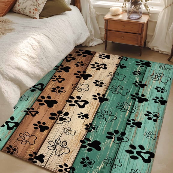 Area Rug for Living Room, Teal Green Brown Non-Slip Indoor Large Carpet for Bedroom/Dining Room, Farmhouse Dog Paw Vintage Washable Low-Profile Rectangle Floor Mat Runner Rugs - 3 x 5 Ft