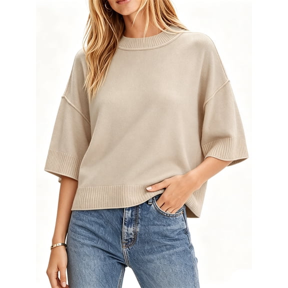 Short Sleeved Solid Color Women Casual Crewneck Knit Crop Sweater Tops