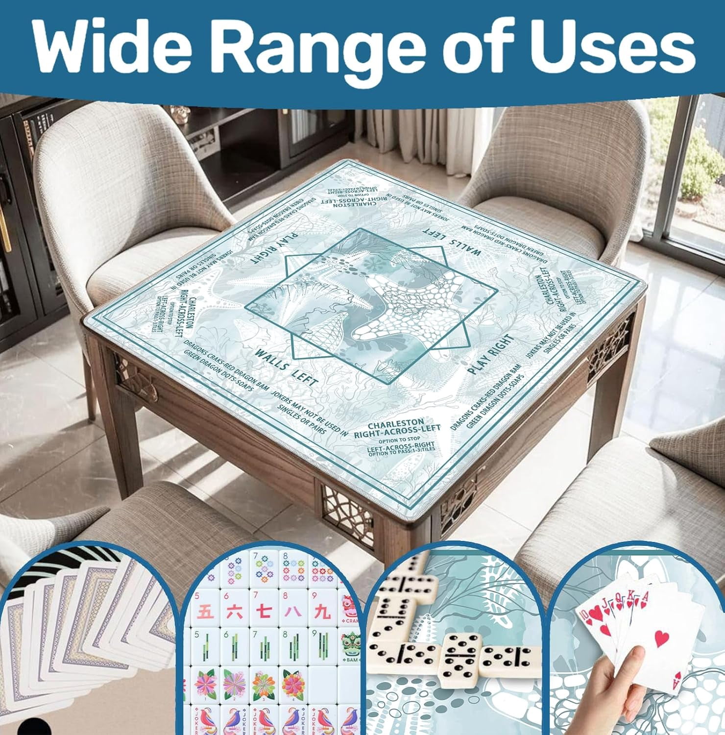Blue Coastal Beach Mahjong Mat 31.5" x 31.5", Nautical Starfish Coral Non-Slip Noise Reduction Mahjong Table Cover Accessories Supplies for Dominoes Poker Card Board and Tile Games Gifts
