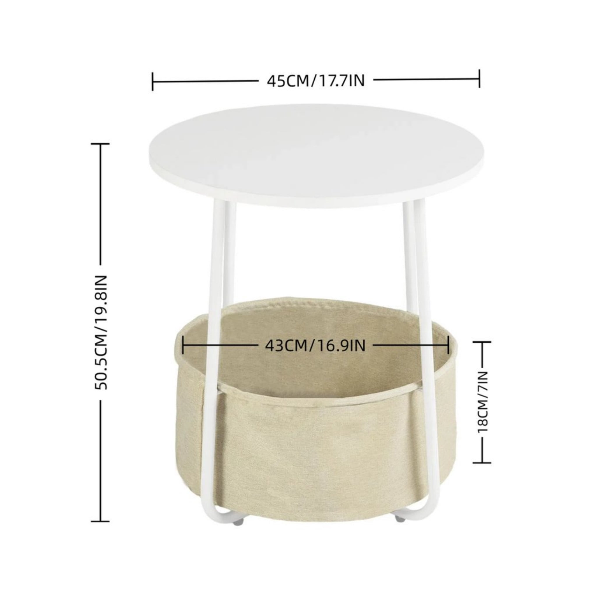 BSHTI 18" Round Coffee Table with Fabric Storage Basket – Space-Saving End Table for Living Room, Bedside Nightstand, Matte White & Beige