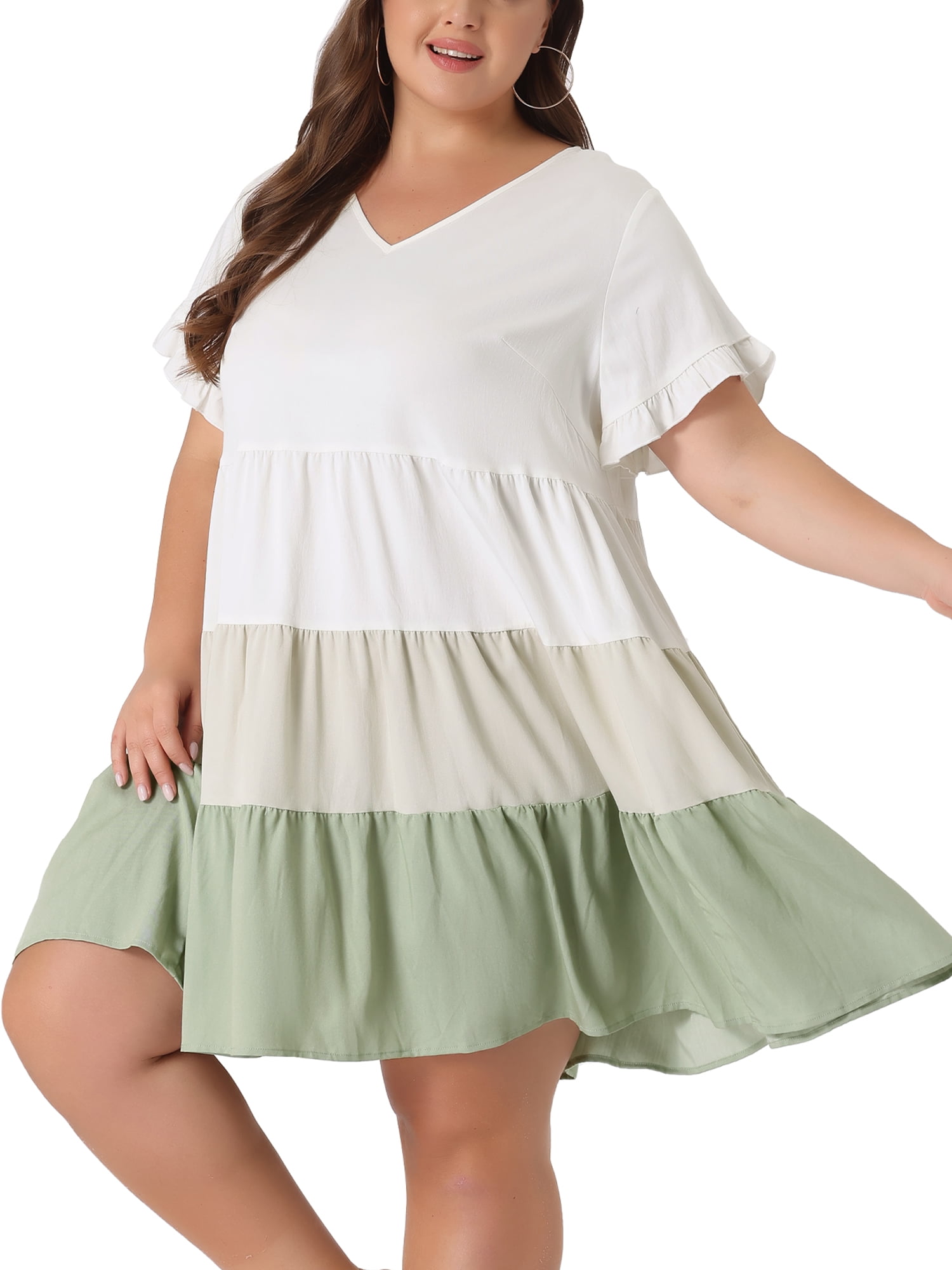 DARING DIVA Babydoll Ruffle Flowy Swing Hem Chambray Mini Dress 1X Green