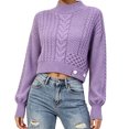 thumbnail image 2 of Women's Mock Neck Cable Knit Sweater, Long Sleeve Cropped Pullover, Loose Button Detail Knitted Jumper, Warm Casual Tops for Fall Winter Daily Wear Purples One Size, 2 of 5