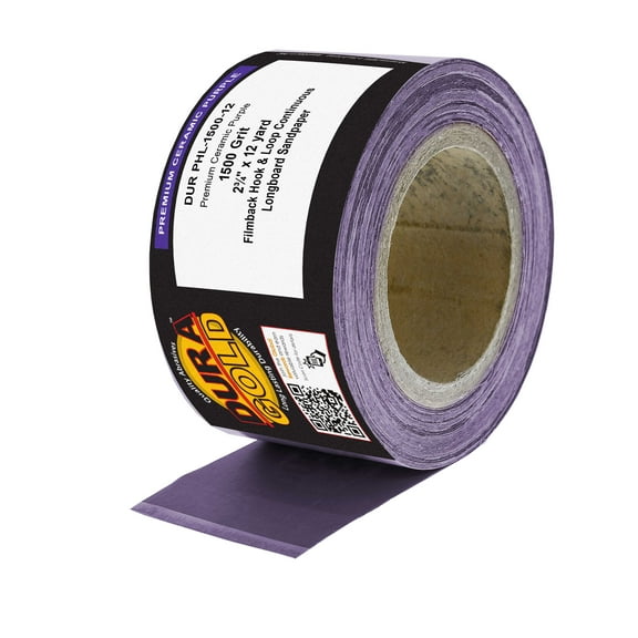 Dura-Gold Premium 1500 Grit Purple Film Ceramic Longboard Sandpaper, 2-3/4" Wide Continuous 12 Yard Roll - Hook & Loop Backing for Auto & Woodworking Air File Long Board Sanders