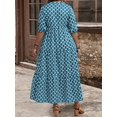 thumbnail image 2 of Teal Blue Geometric Print V-Neck Puff Sleeve Tiered Maxi Dress With Pockets, Boho Summer Beach Sundress, 2 of 5