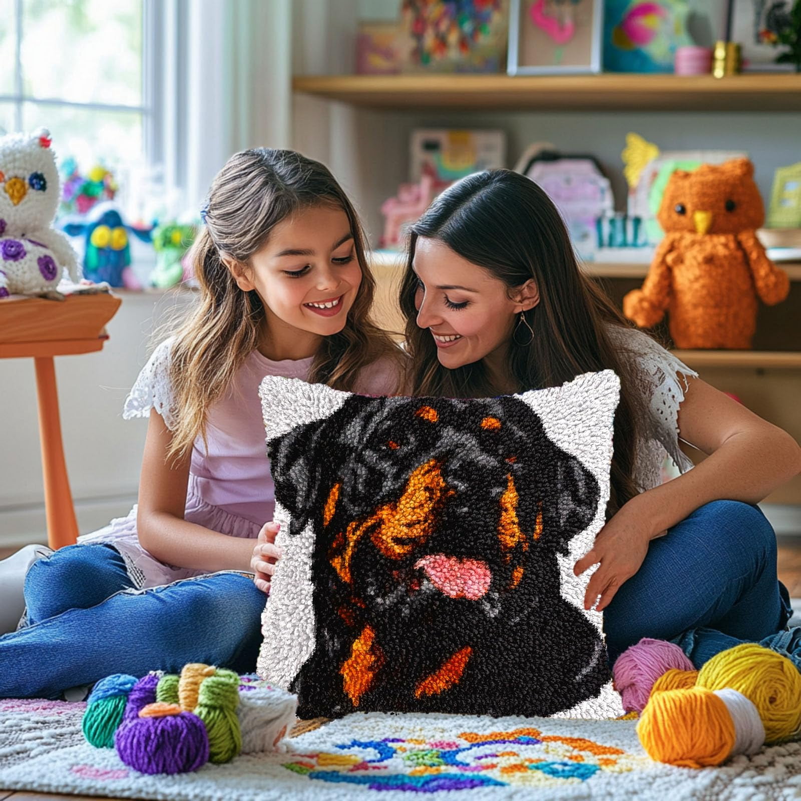 Black Dog Rottweiller DIY Latch Hook Pillow Kits for Adults Printed Pillowcase Crochet Yarns Hooking Handmade Pillow Cover Cushion for Home Sofa Decoration 17x17inch(1)