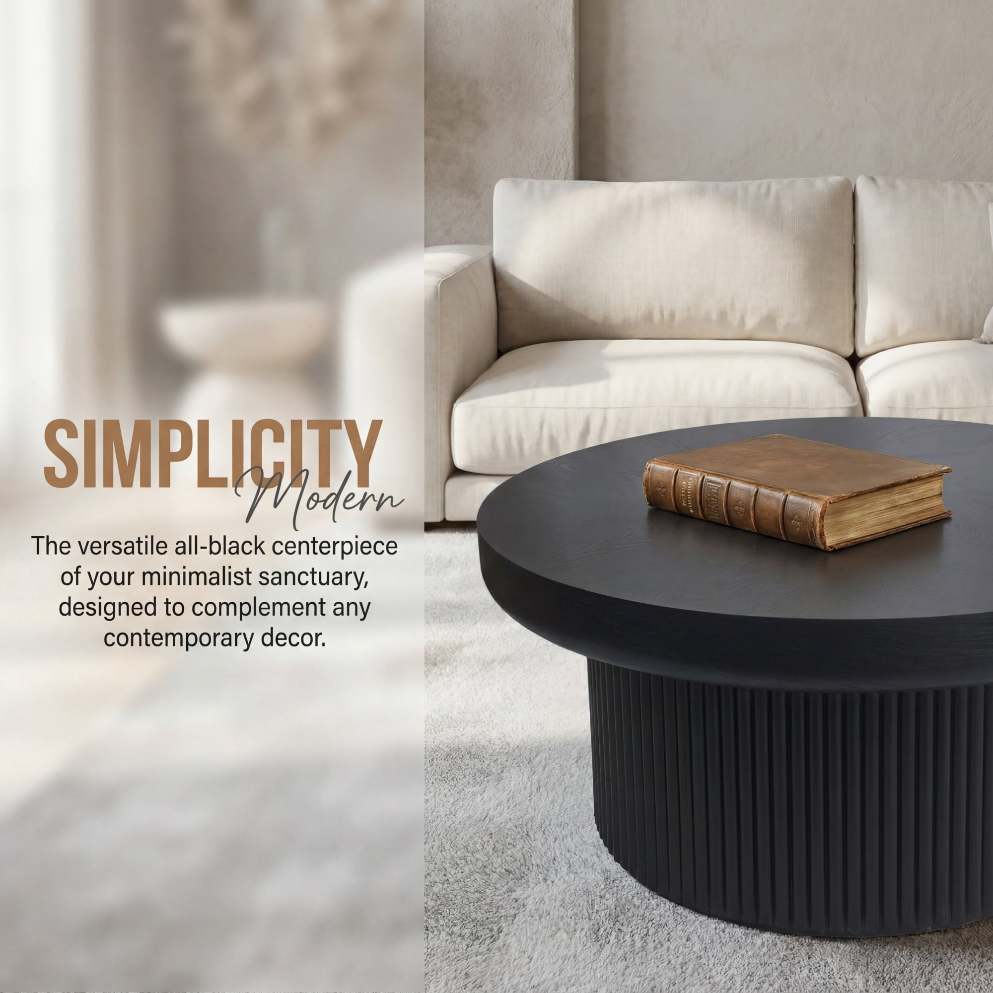 33.46'' Round Coffee Table with Fluted Cylindrical Base, Ash Wood End Table with Thickened Tabletop, Modern Cocktail Table
