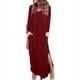 thumbnail image 2 of Vestido de manga larga con abertura lateral, cuello en V, bolsillo, dobladillo irregular, vestido largo de color puro para mujer, rojo vino M, 2 of 5