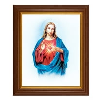 Sacred Heart of Jesus Picture Framed Wall Art Decor, Large, Traditional Dark Walnut Fluted Frame with Gold Beaded Lip