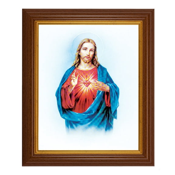 Sacred Heart of Jesus Picture Framed Wall Art Decor, Large, Traditional Dark Walnut Fluted Frame with Gold Beaded Lip