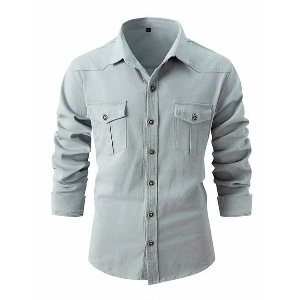 Blusa y camisa de manga larga con cuello vuelto para hombre, holgada, con solapa y botones, deportiva, de manga larga y solapa.