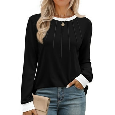 Fantaslook Women Blouses Color Block Long Sleeve Shirts Pleated Fall Tops Fashion Dressy Blouses