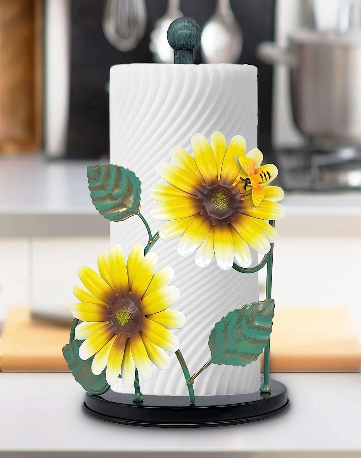 Sunflower Decor Paper Towel Holder | Metal Yellow Daisy with Bee | Countertop Kitchen & Bathroom Organizer | Cute Sunflower Accessories for Home Decor