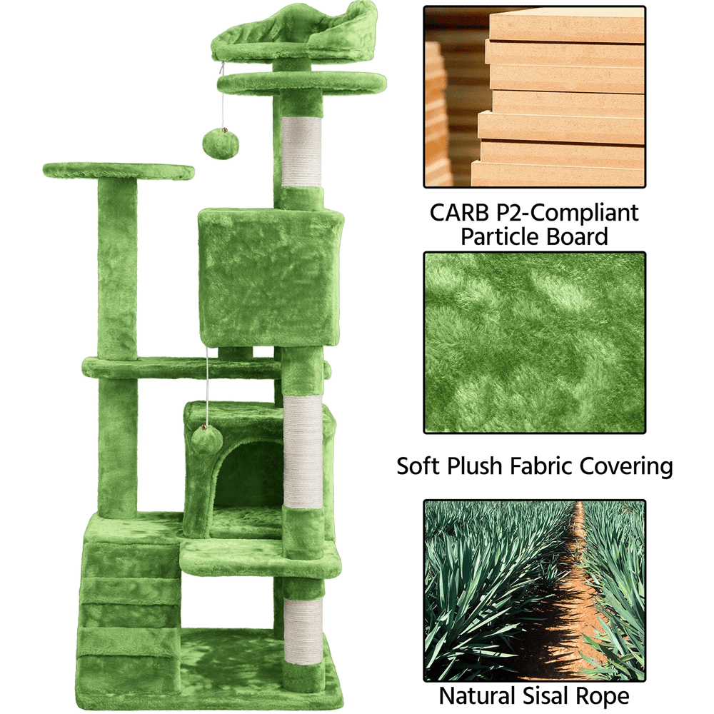 Alden Design Upholstered 6-Level 54" Cat Tree with 2 Condos, Green